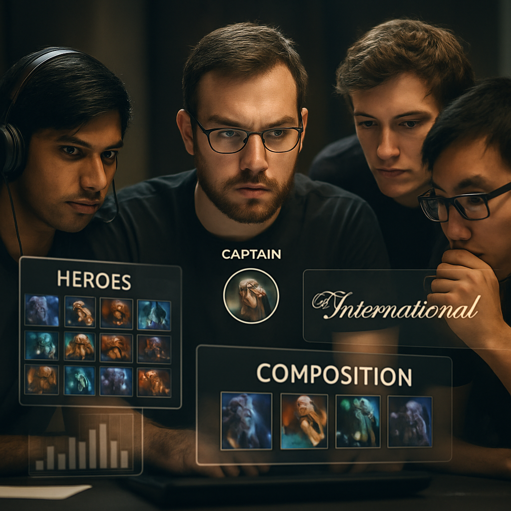 An image capturing the strategic preparation of a Dota 2 team for The International,