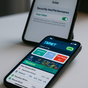 A side view of an iPhone on a desk, highlighting the 1xBet app with