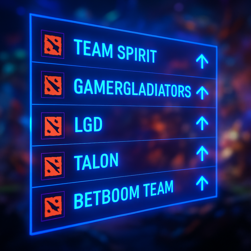 A sleek and colorful Dota 2 ranking chart projecting upward mobility of teams.