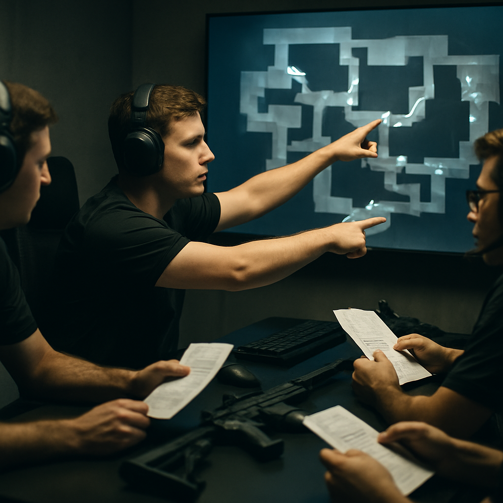 CS2 players discuss map routes and tactical plans around a glowing strategy screen.