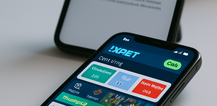 A side view of an iPhone on a desk, highlighting the 1xBet app with