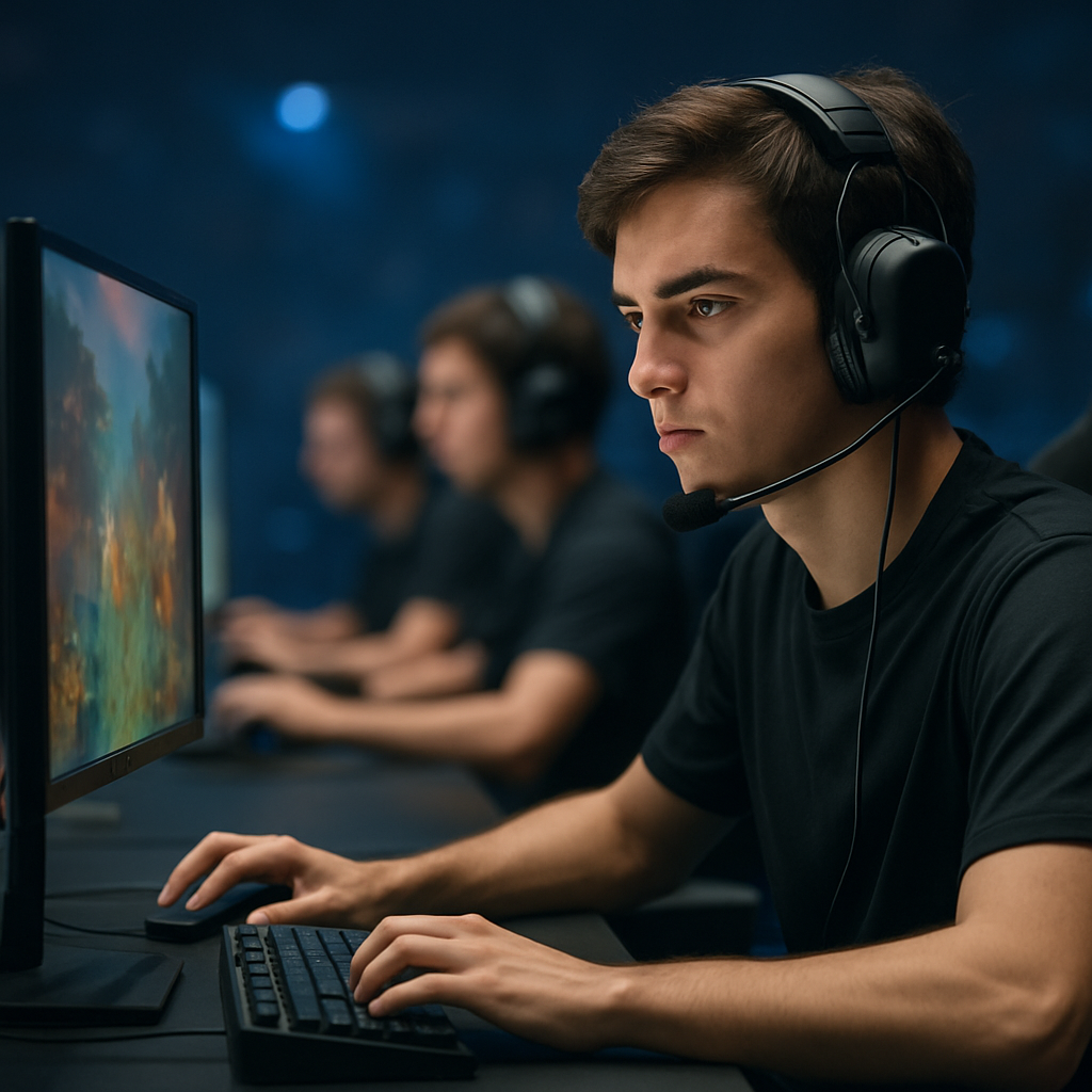 A focused young professional Dota 2 player competes at a tournament, with teammates and