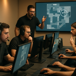 A coach reviews a CS2 tactical map with five players during a focused team