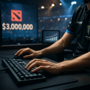 A Dota 2 esports player competes onstage as sponsor branding and a prize-pool trend