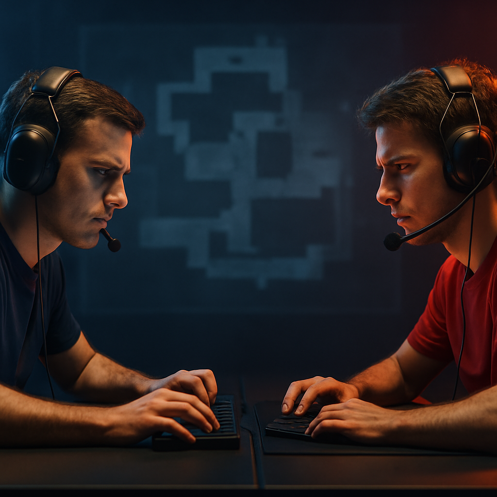 Two focused CS2 esports players face off under contrasting blue and red lights, evoking