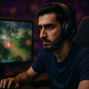 A focused esports player at a tournament desk, with a blurred Dota 2 match
