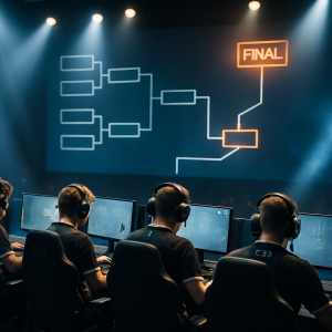 CS2 esports players compete beneath a tournament bracket showing paths from qualifiers to the
