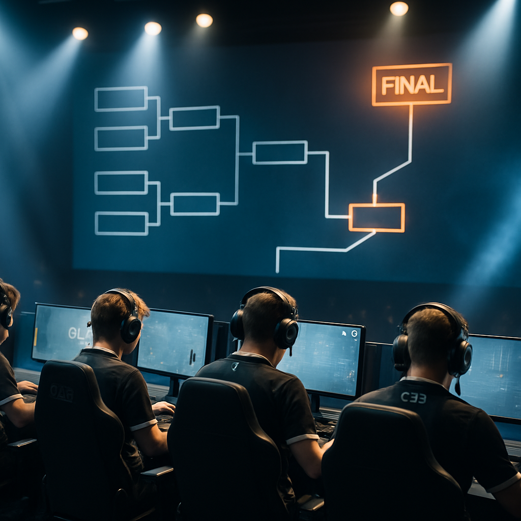 CS2 esports players compete beneath a tournament bracket showing paths from qualifiers to the