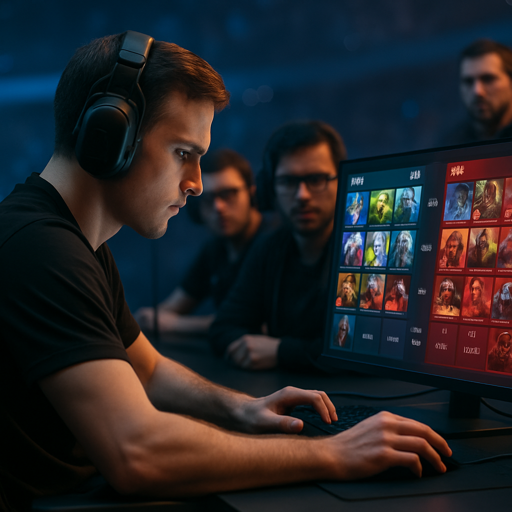An esports captain weighs hero picks and bans on a draft screen as teammates