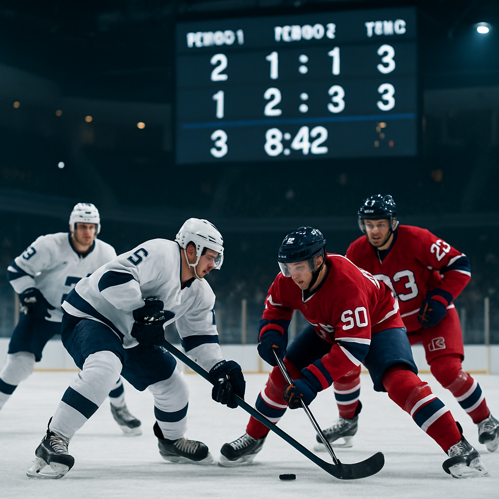 Hockey players battle for the puck beneath a scoreboard showing period-by-period scores.