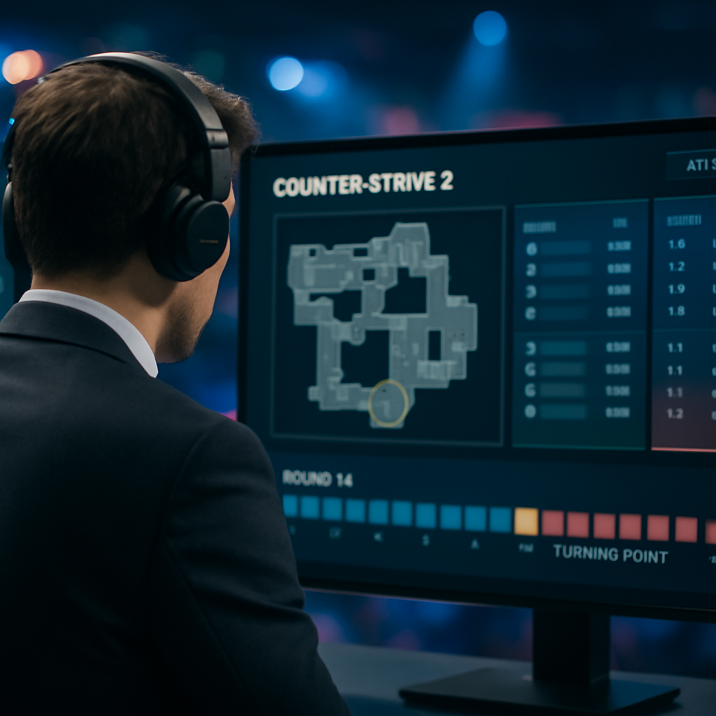 An esports analyst reviews a CS2 replay, studying the tactical map, economy, player performance,